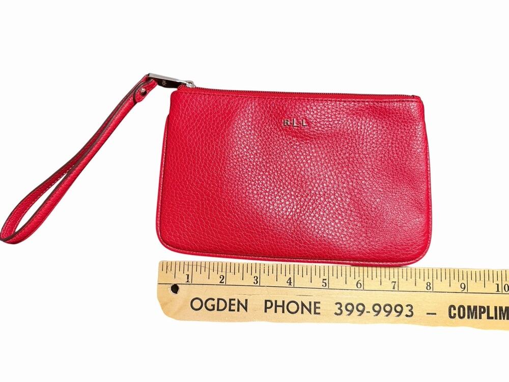 RLL Lauren Ralph Lauren Red Pebbled Leather Like Wristlet Zip Purse 8x5 Inches
